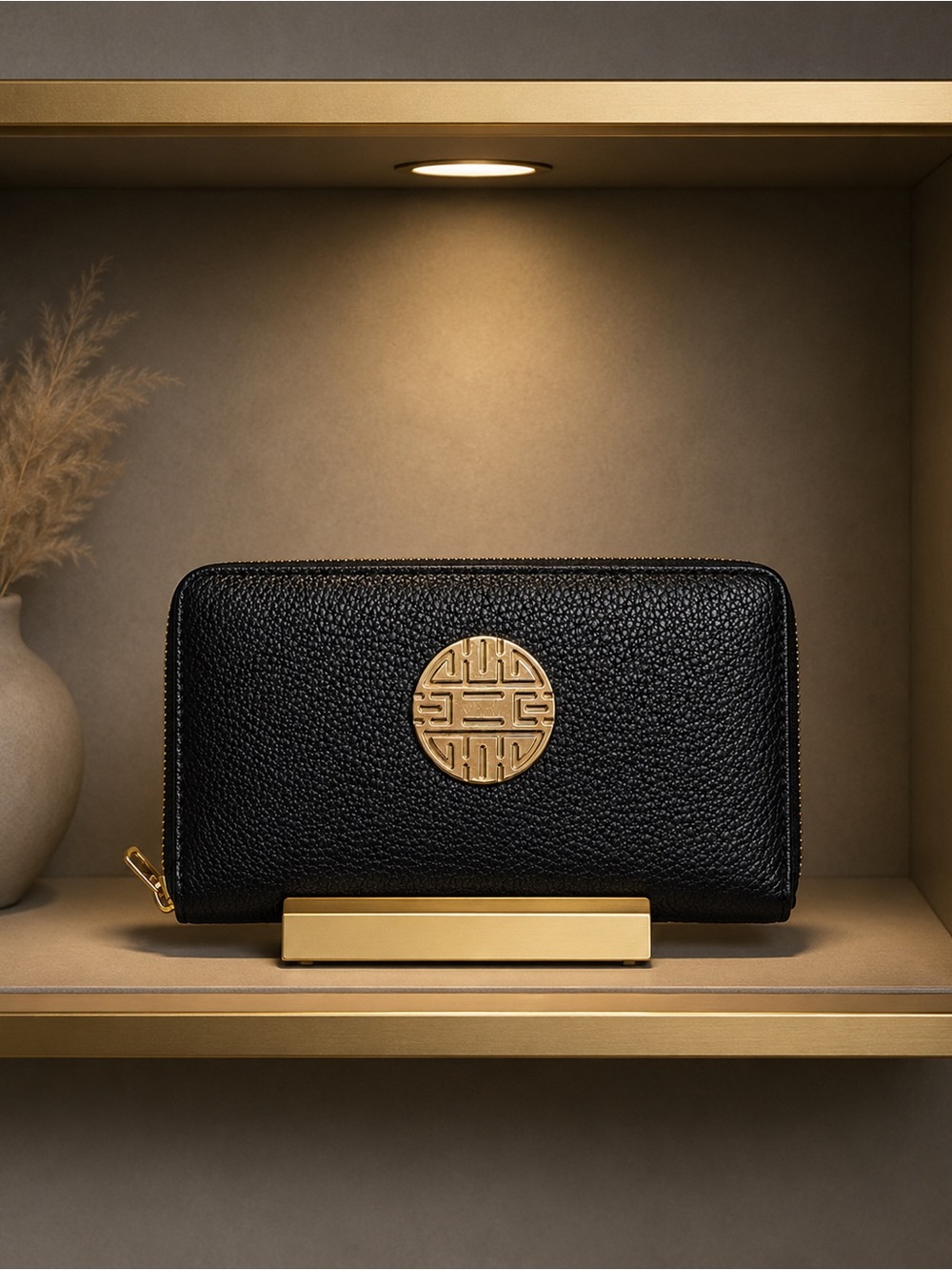 Rebecca & Rifka Black Pebbled Vegan Leather Zip Around Wallet Gold Medallion